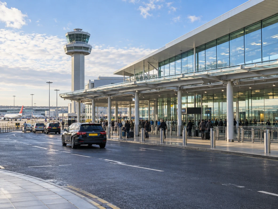 London Gatwick Airport terminal forecourt and control tower