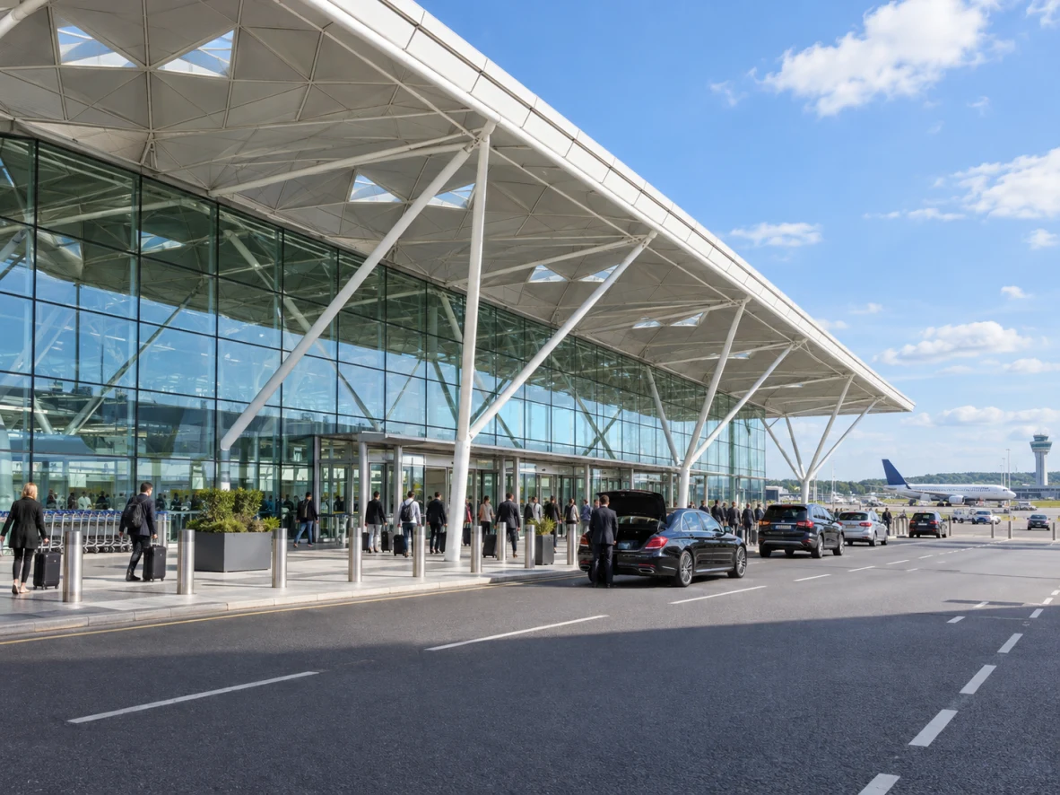 London Stansted Airport glass terminal and drop-off lanes