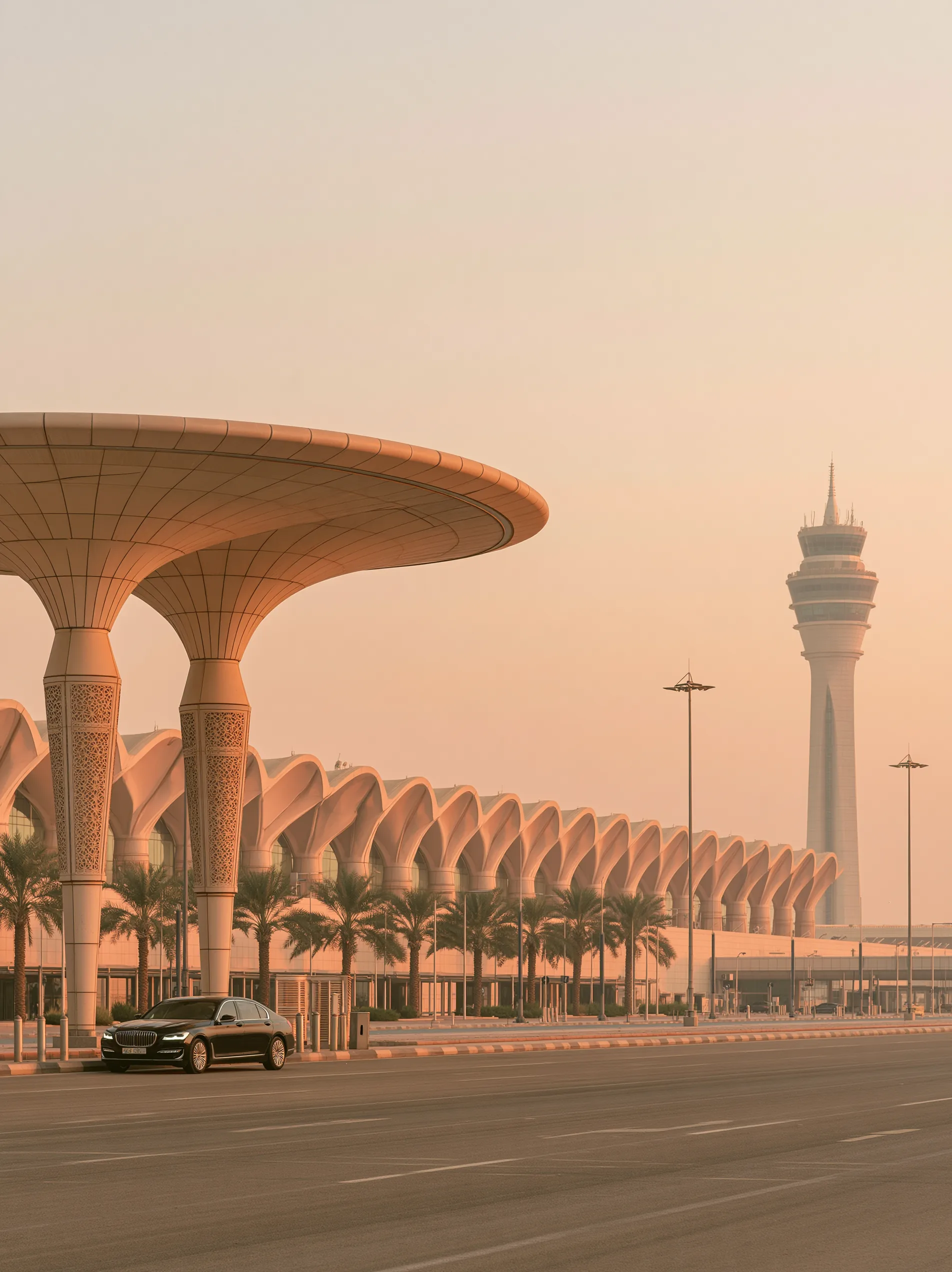 Editorial Riyadh airport arrival scene with a contemporary terminal, control tower and black sedan at golden hour