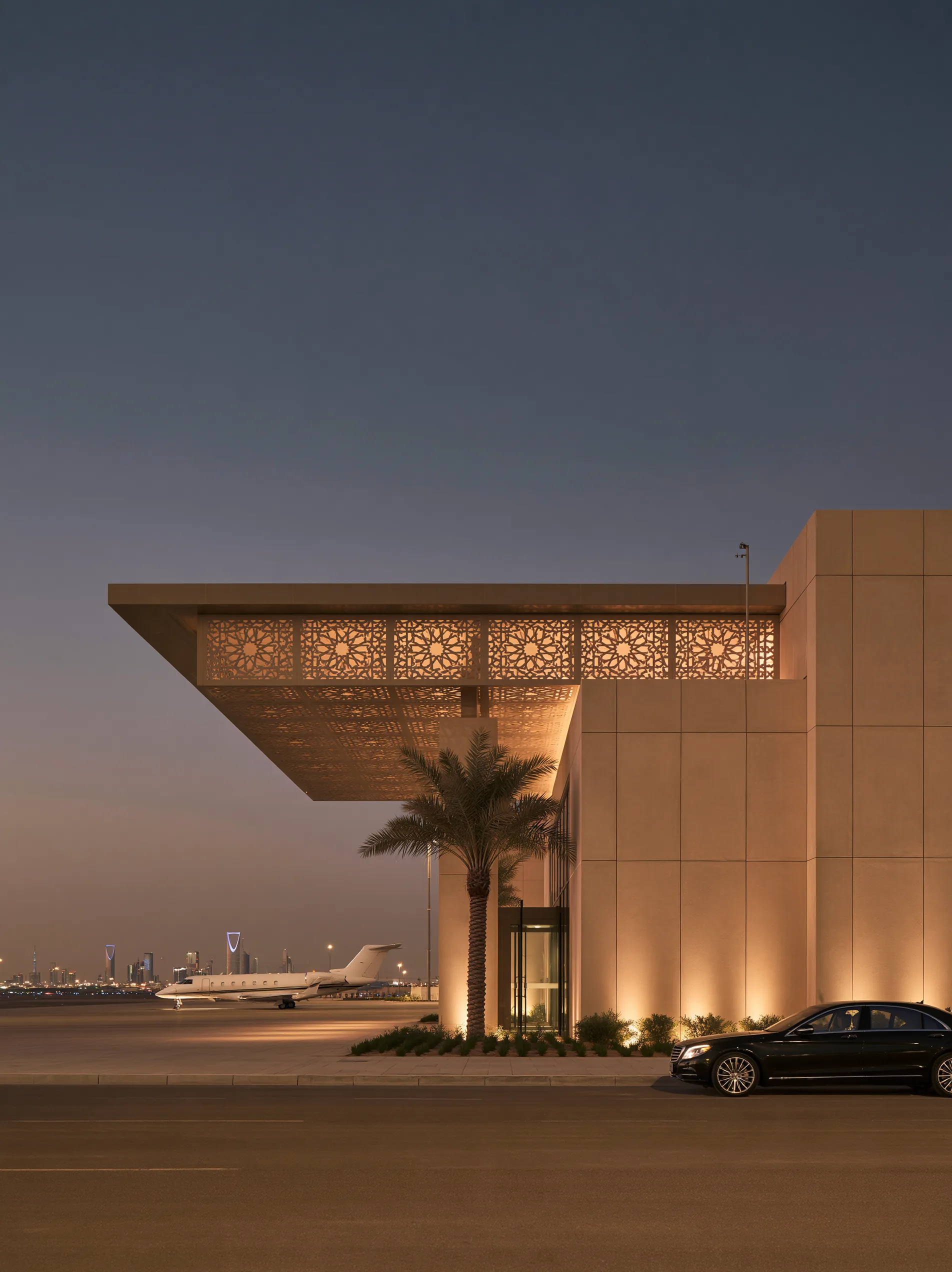 Editorial private aviation arrival scene in Riyadh with a modern terminal, black sedan and distant aircraft at blue hour