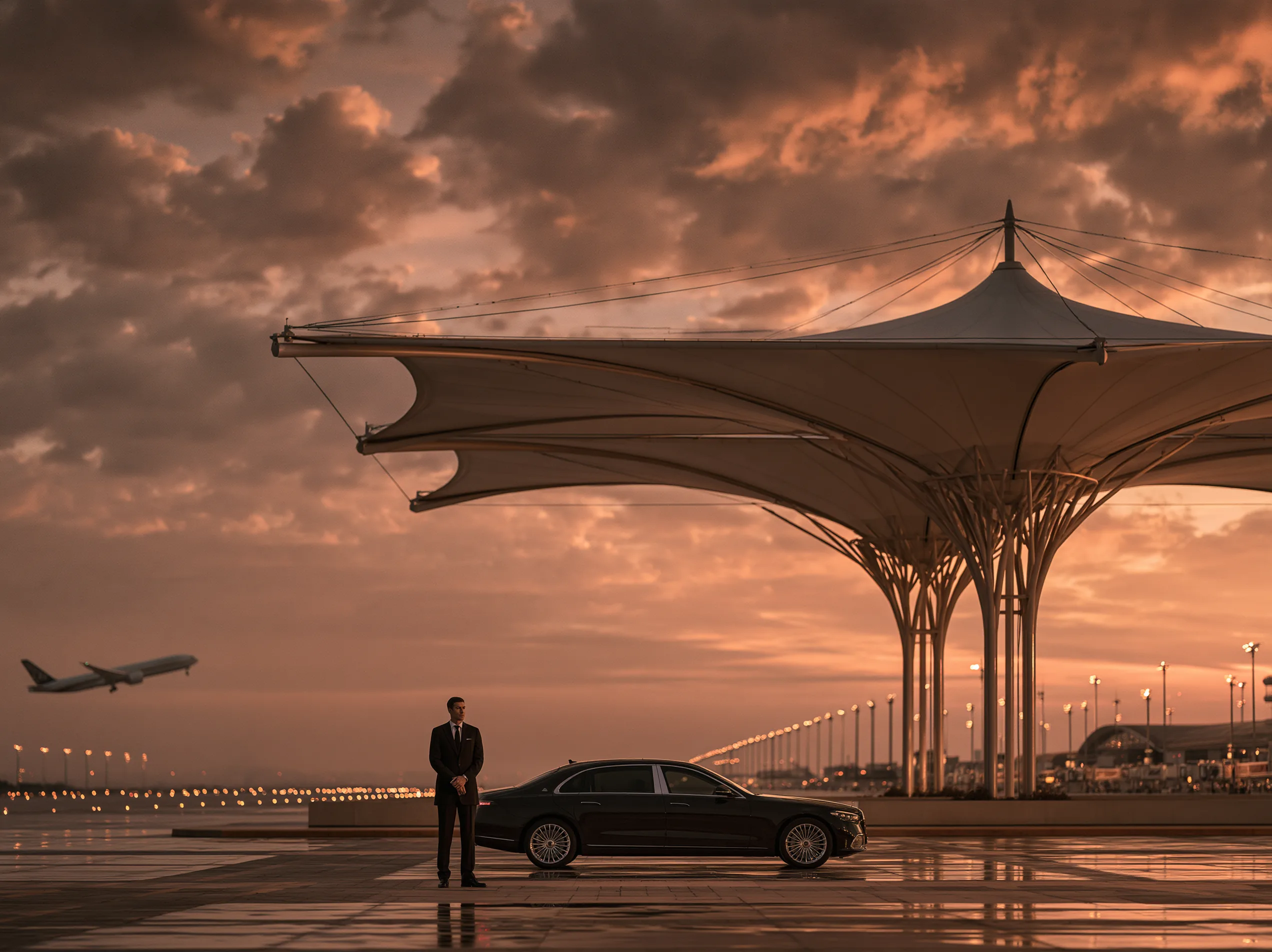 A YeloPlus chauffeur beside a Mercedes at King Khalid International Airport