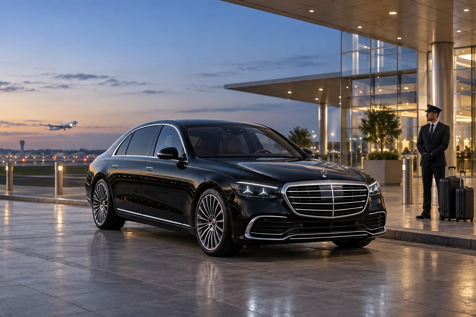 Latest Mercedes-Benz S-Class sedan at an international airport pickup area