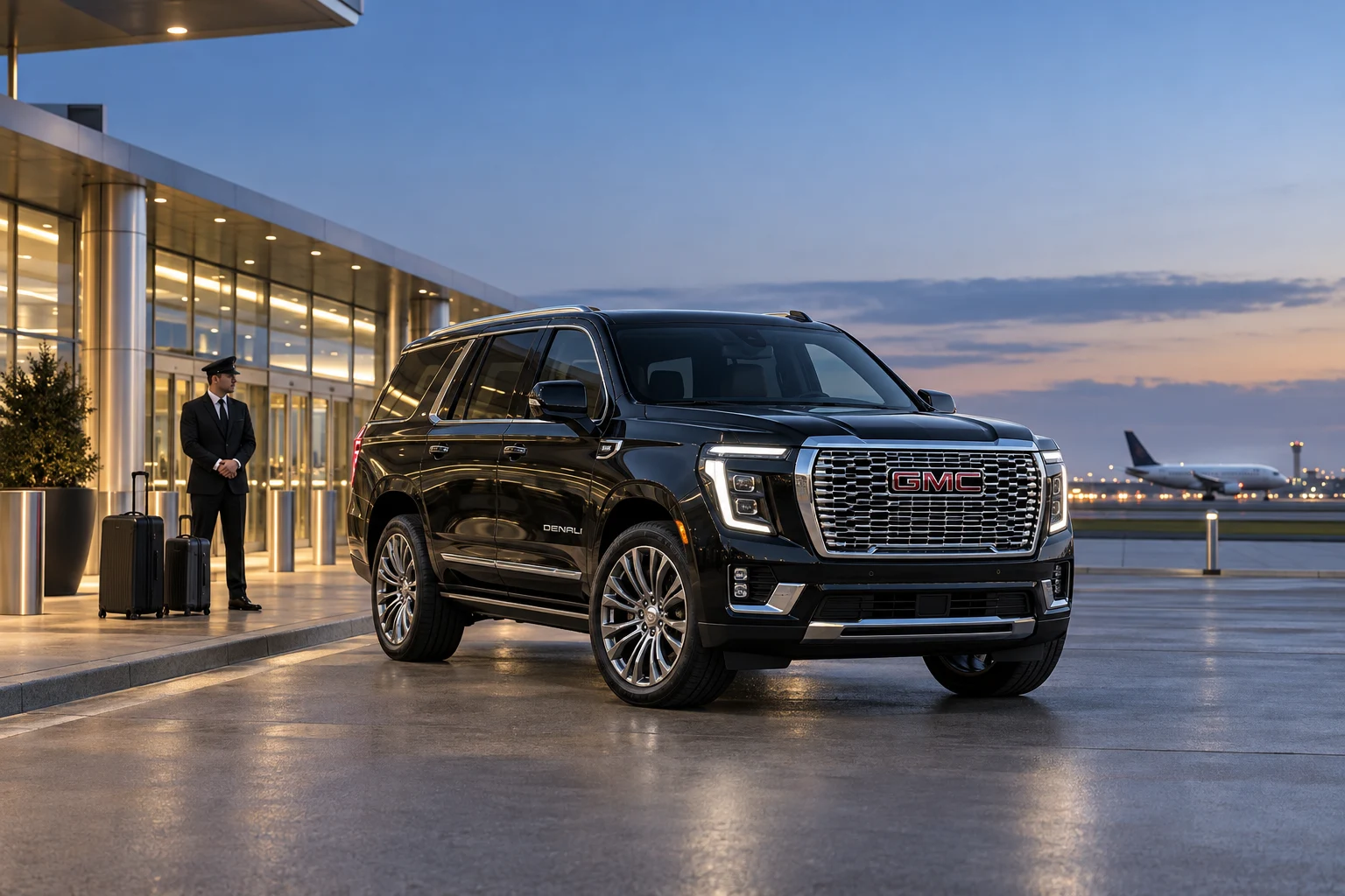 Chauffeur waiting beside a premium SUV at the airport