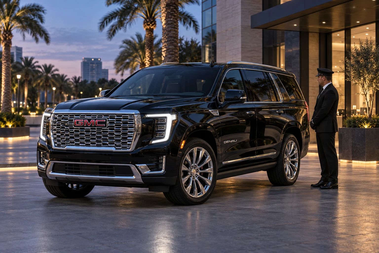 Chauffeur standing beside a latest-model GMC Yukon Denali SUV