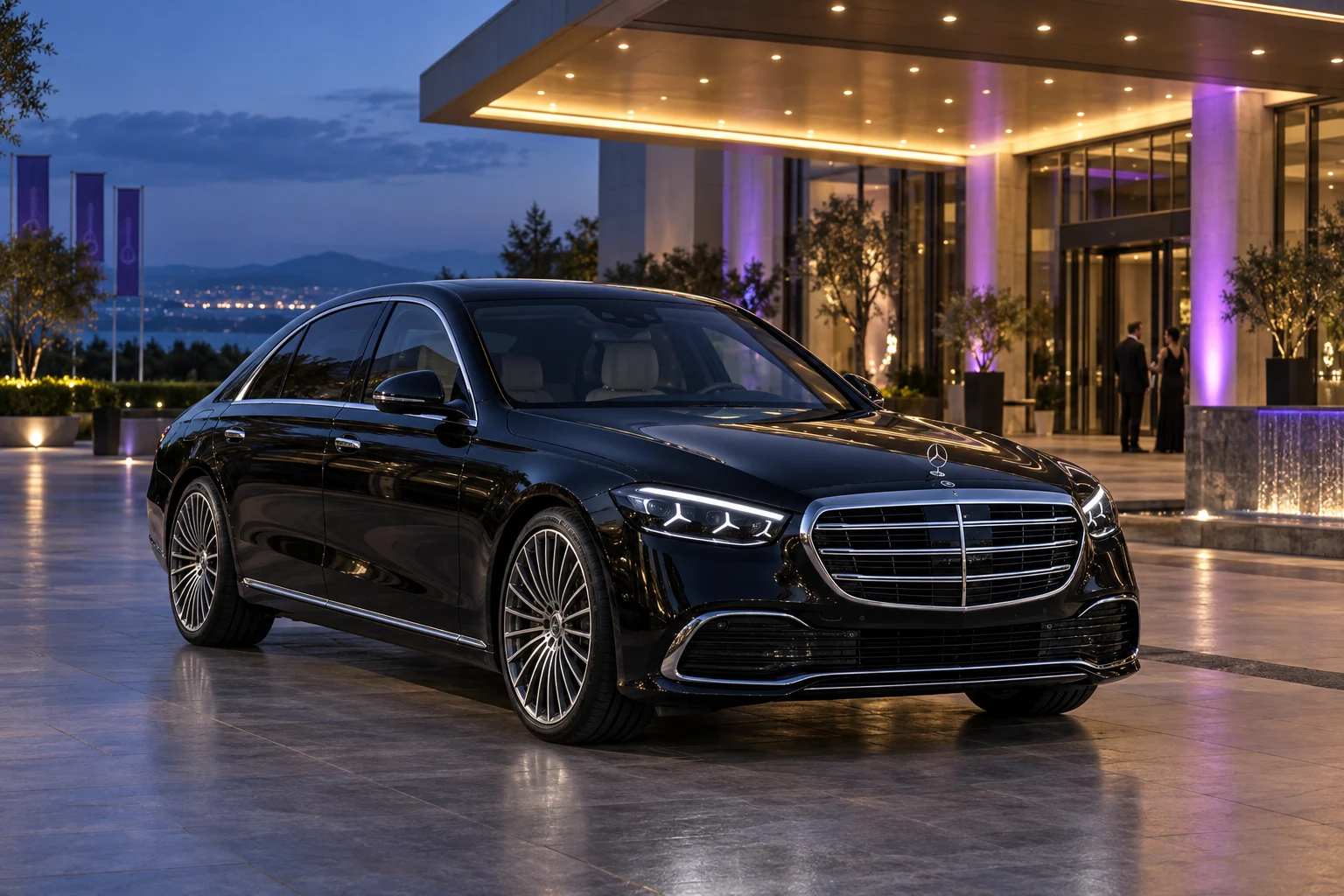 Latest Mercedes-Benz S-Class sedan at a conference venue entrance