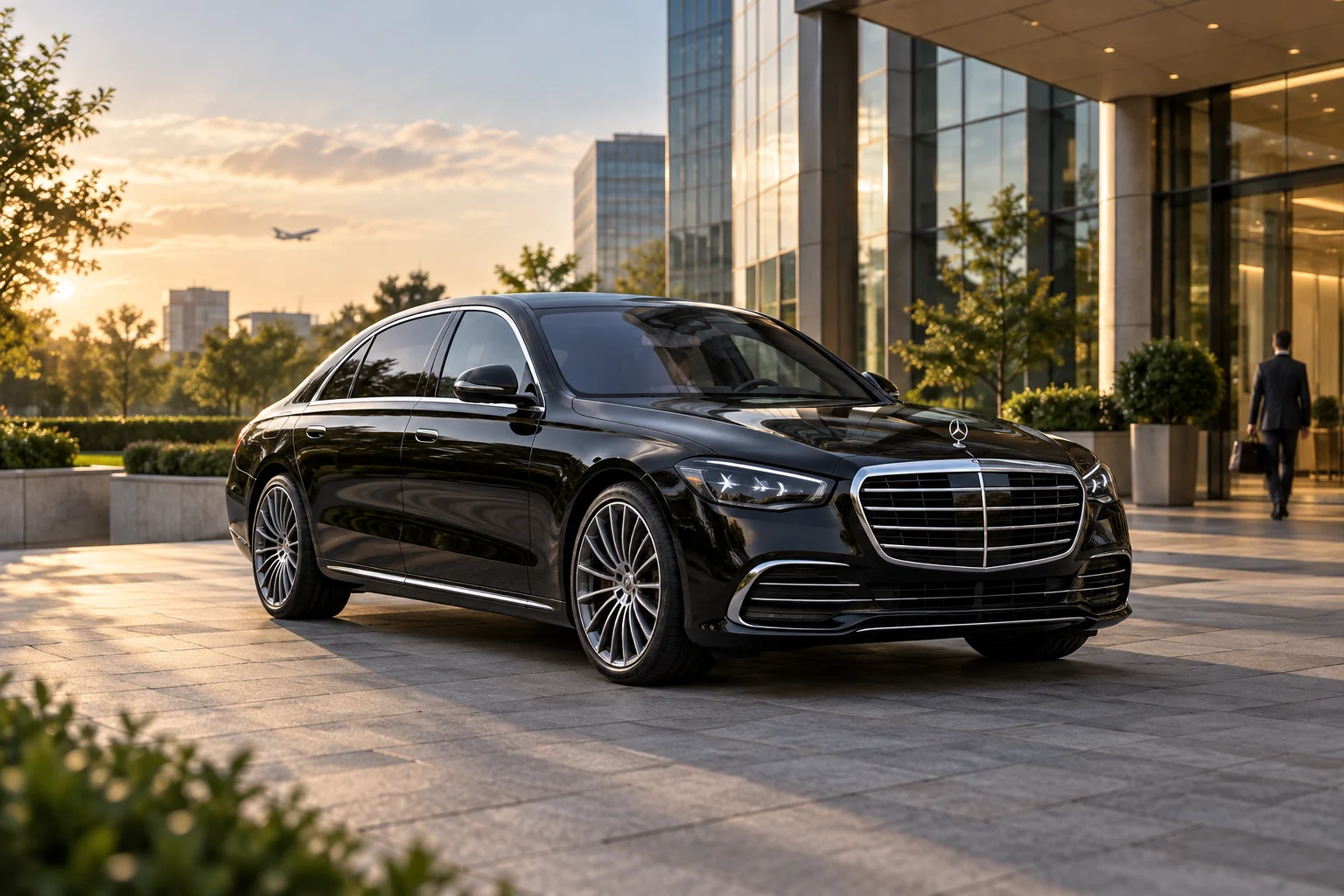 Latest Mercedes-Benz S-Class sedan ready for hourly chauffeur travel at a corporate campus