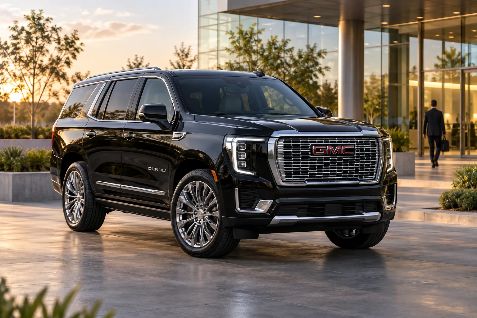 Latest-model GMC Yukon Denali SUV outside a corporate building