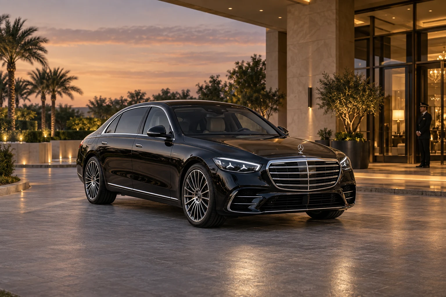 Latest Mercedes-Benz S-Class sedan outside a luxury hotel